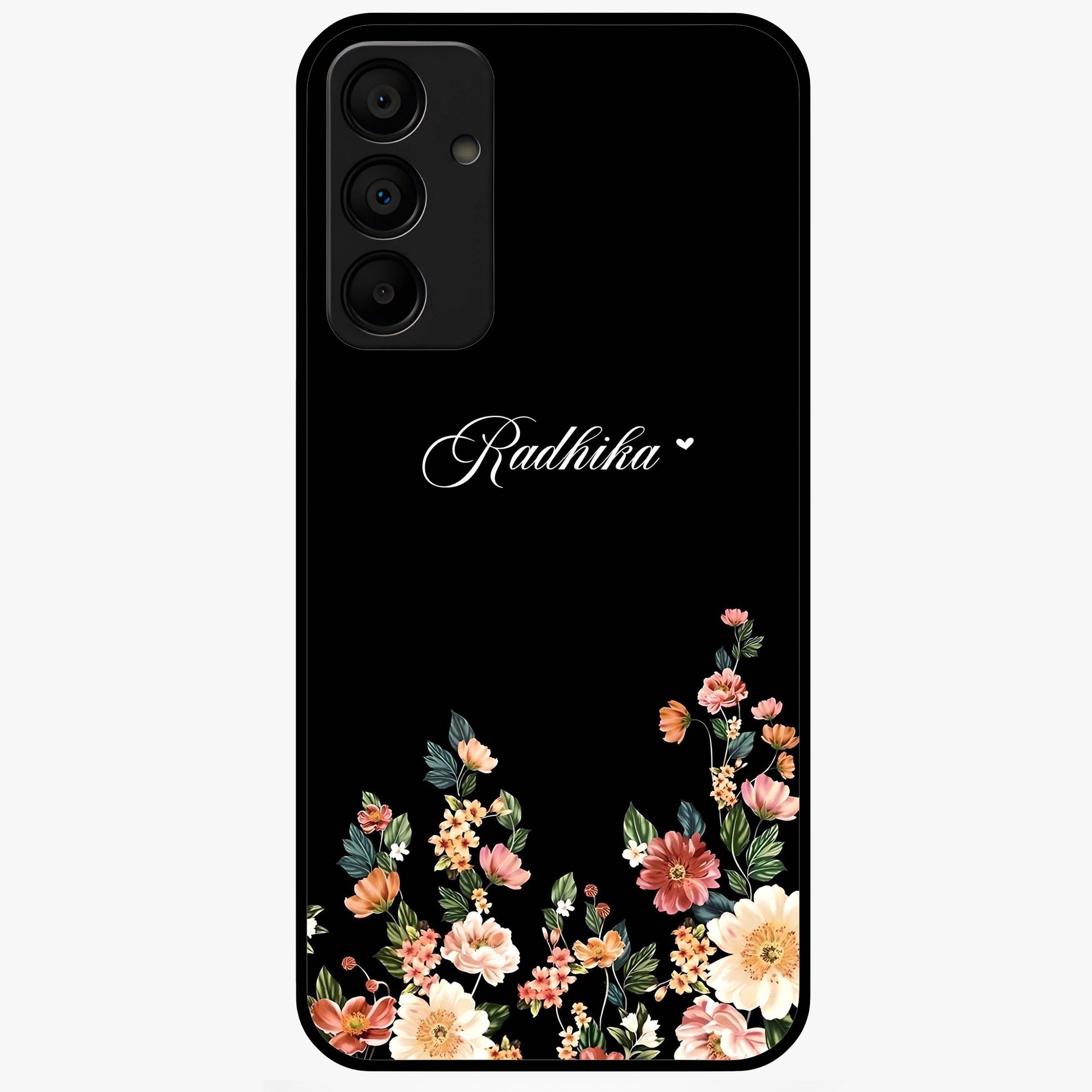 Floral Design With a Custom Personalized Name Glass Case showing flat back view with floral artwork and personalized name design.