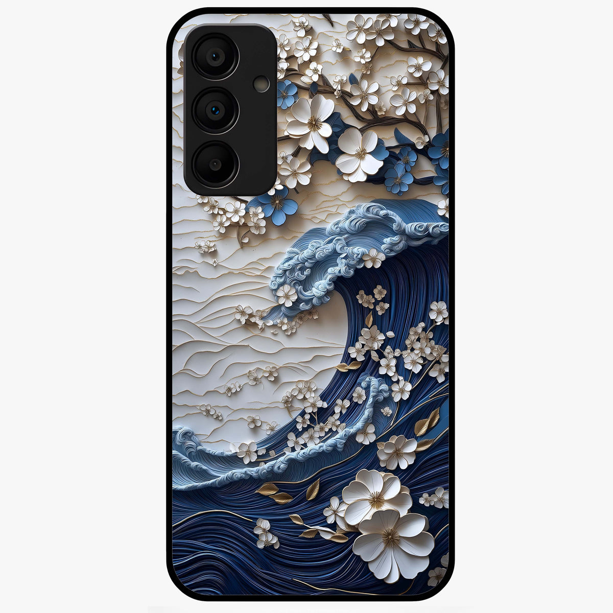 Floral Wave Origami Glass Case showing flat back view with origami inspired floral wave artwork and glossy glass finish.