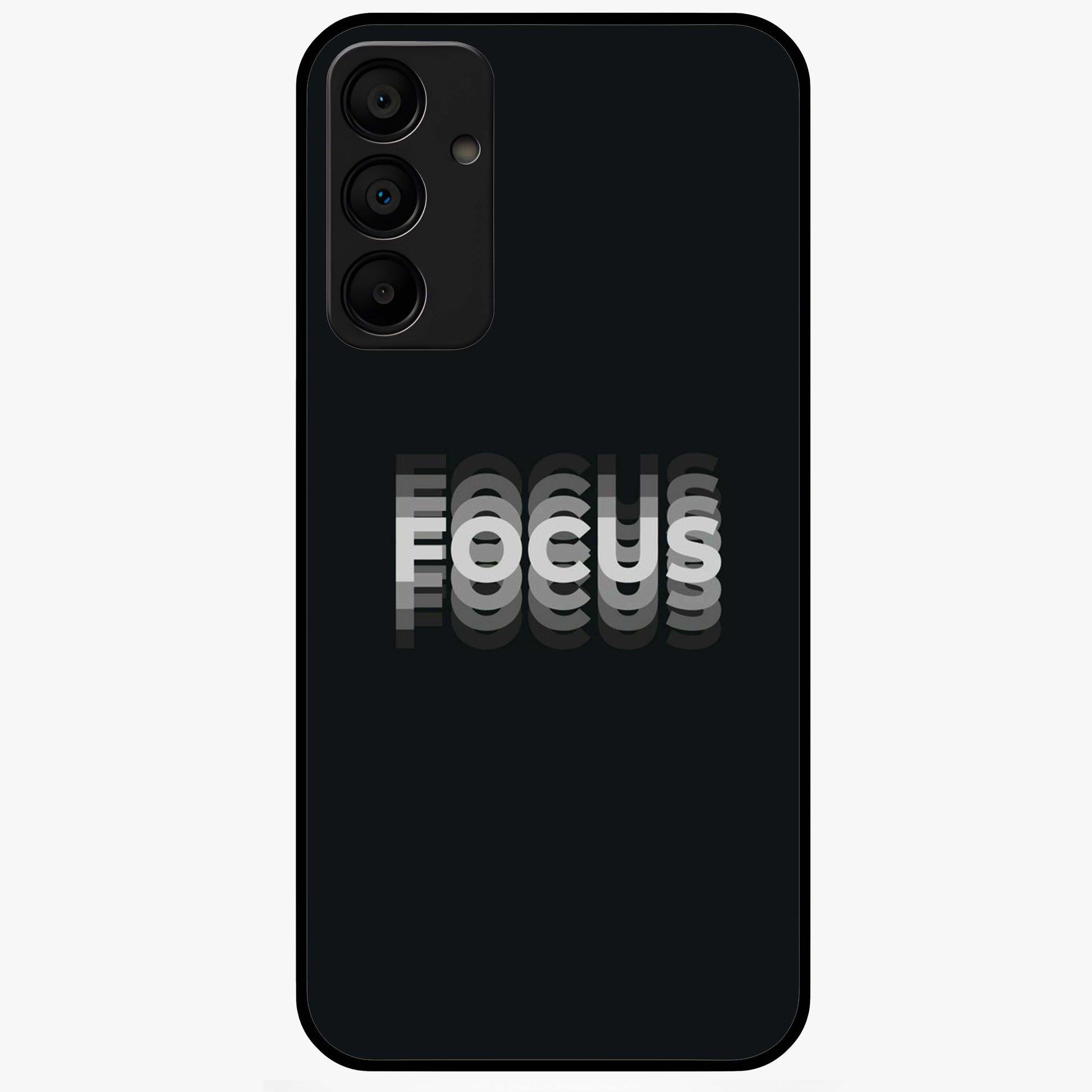 Focus Mode On Glass Case showing flat back view with bold motivational typography design and glossy glass finish.