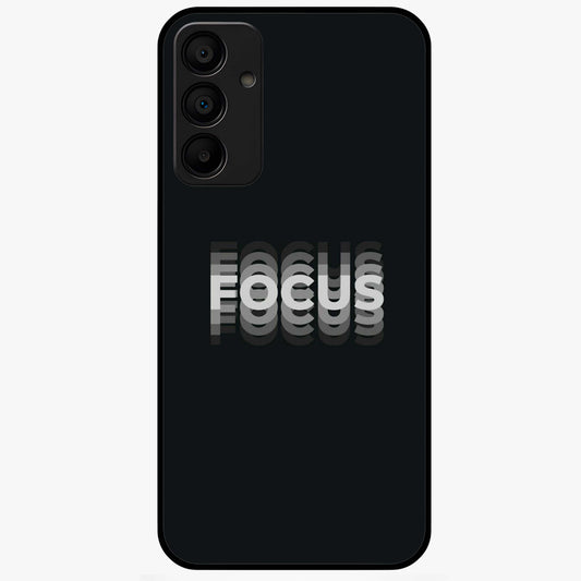 Focus Mode On Glass Case showing flat back view with bold motivational typography design and glossy glass finish.