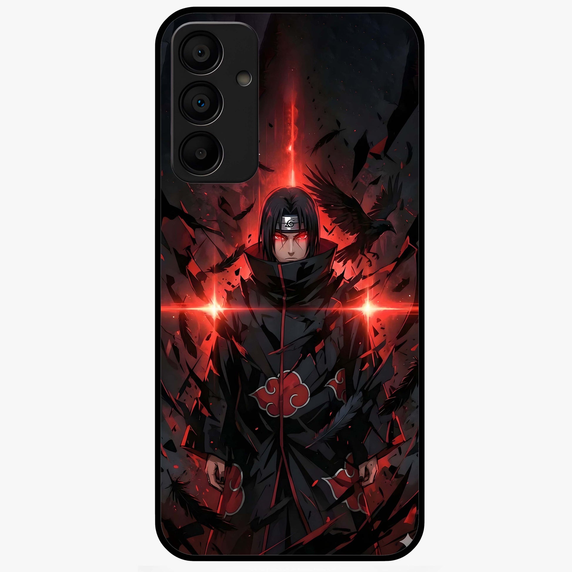 Focused Blade Discipline Glass Case showing flat back view with warrior sword themed artwork and glossy glass finish.