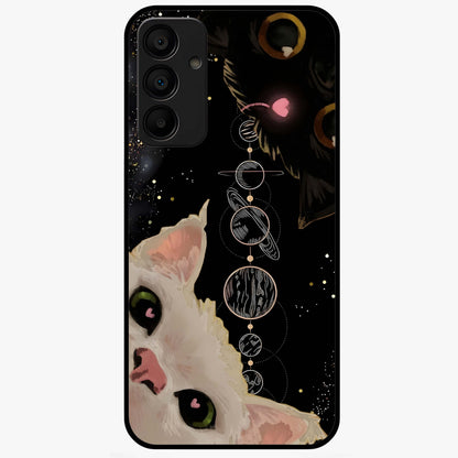 Galactic Cat Glass Case showing flat back view with cosmic cat artwork and glossy glass finish.