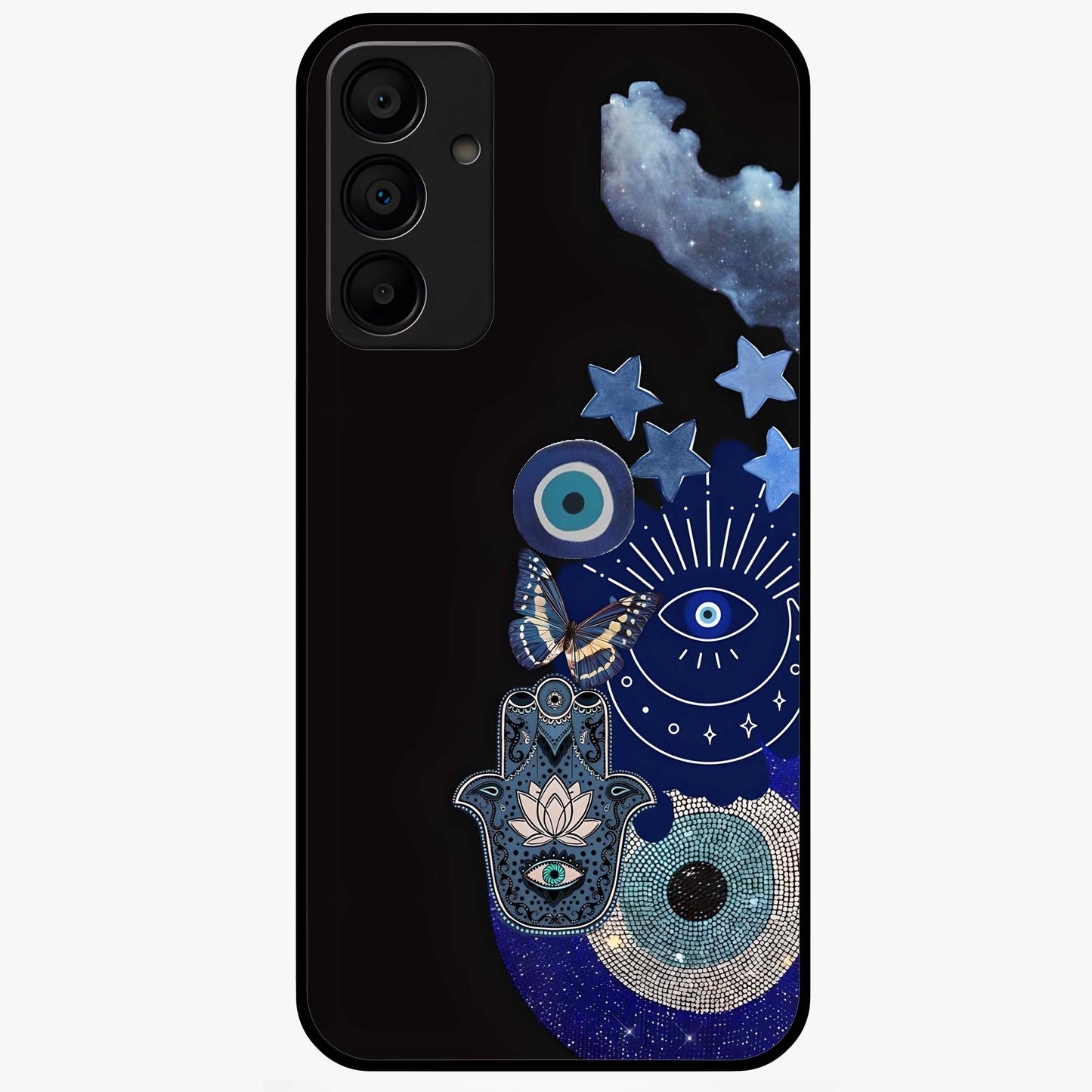Galactic Charm Cluster Glass Case showing flat back view with glowing celestial charm artwork and glossy glass finish.