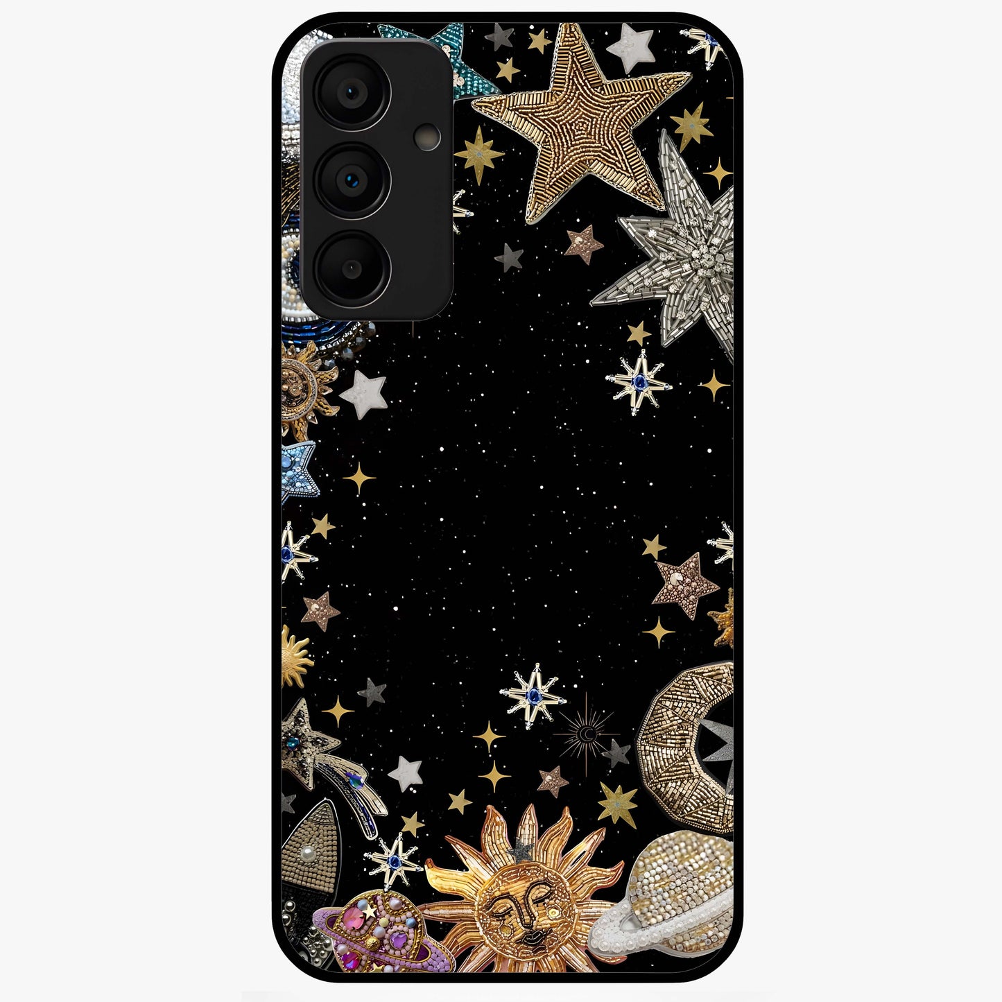 Galactic Jewel Stars Glass Case showing flat back view with sparkling star jewel artwork and glossy glass finish.