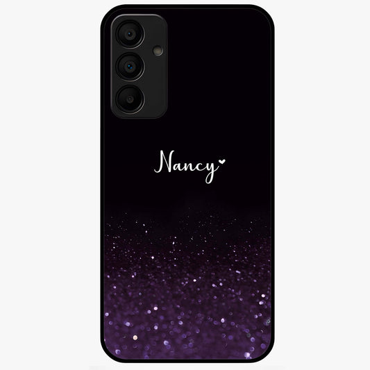 Glittery Purple Bokeh Custom Name Glass Case showing flat back view with purple bokeh sparkle artwork and personalized name design.
