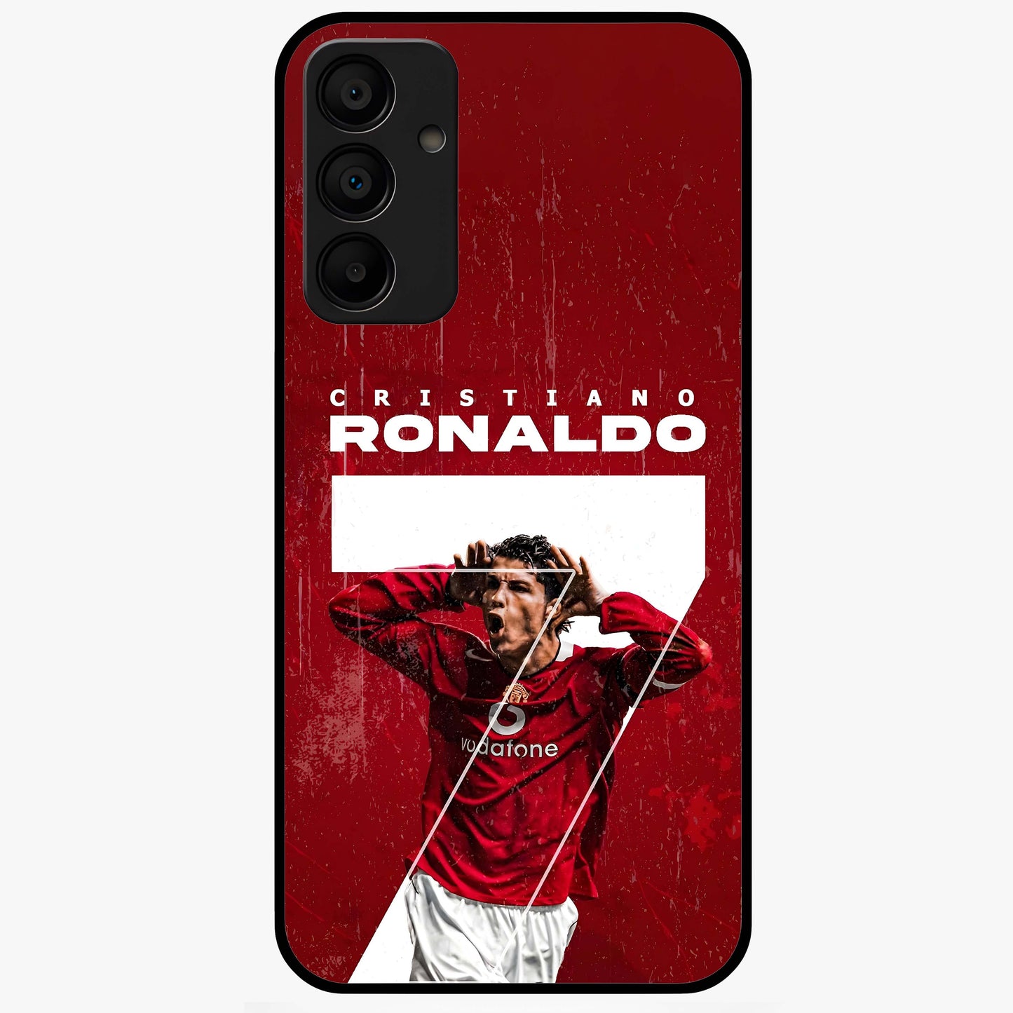 Goal Celebration Legacy Glass Case showing flat back view with football celebration inspired artwork and glossy glass finish.