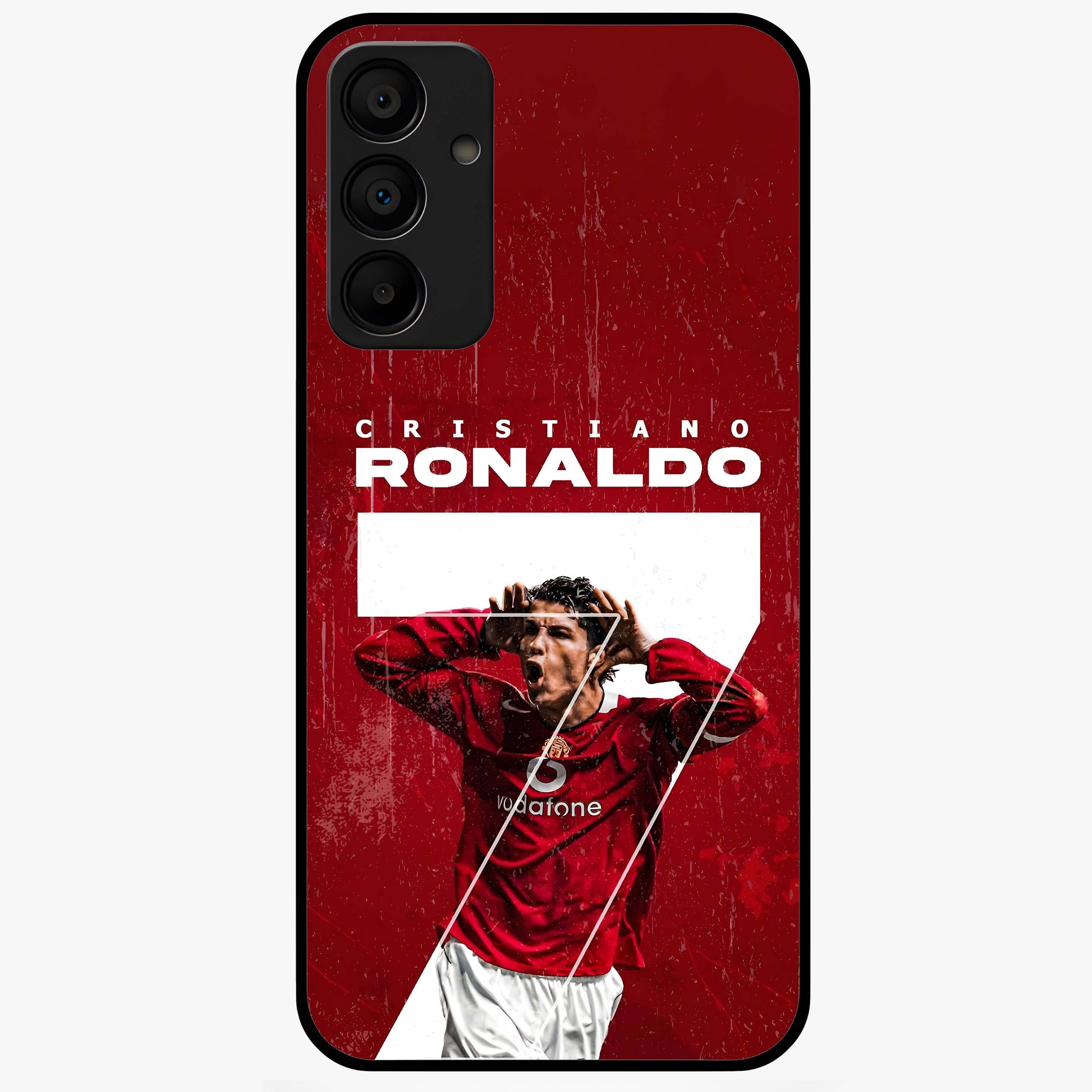 Goal Celebration Legacy Glass Case showing flat back view with football celebration inspired artwork and glossy glass finish.