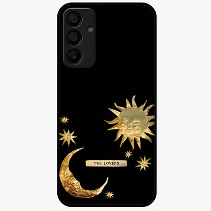 Golden Celestial Charm Glass Case showing flat back view with golden celestial charm artwork and glossy glass finish.