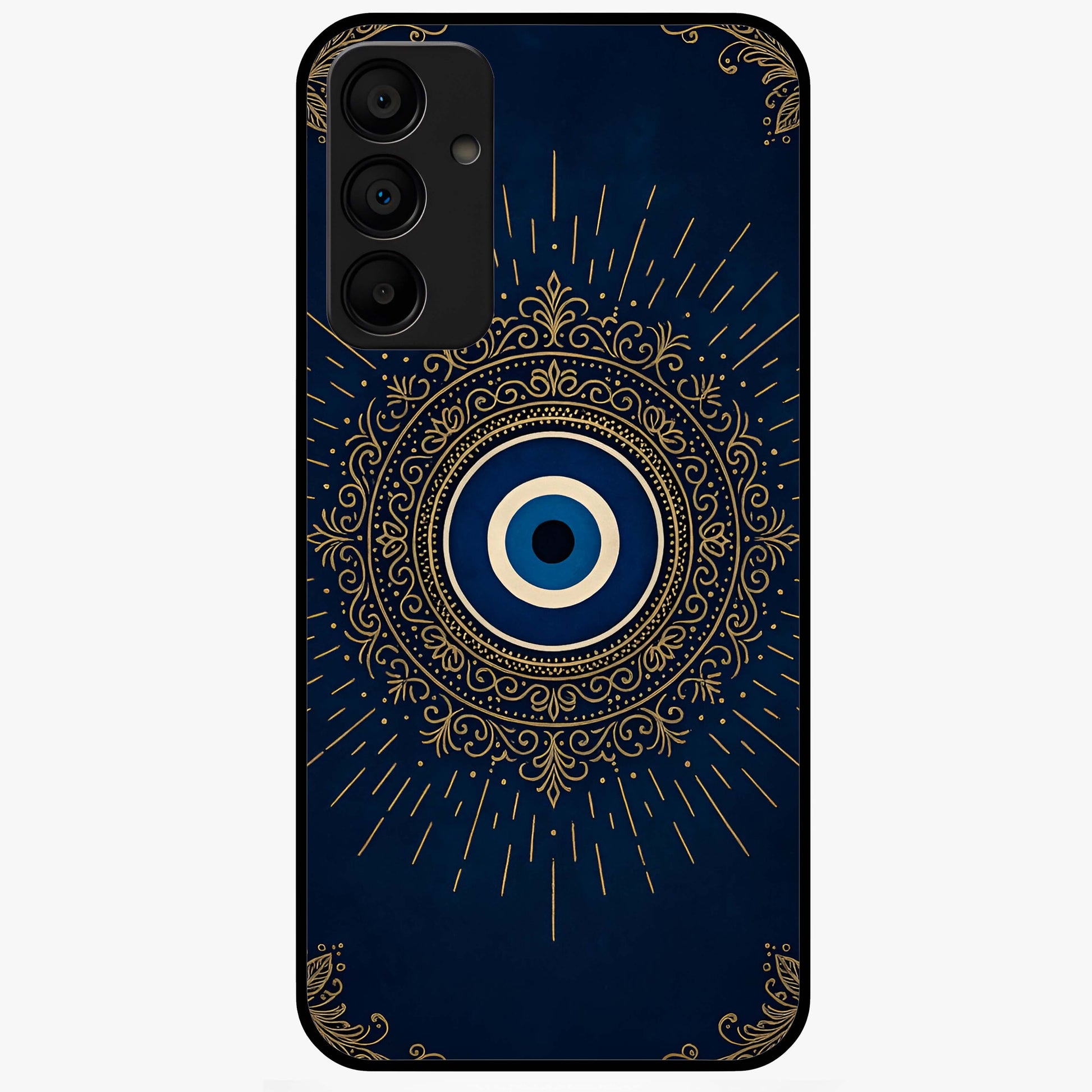 Golden Evil Eye Mandala Glass Case showing flat back view with intricate evil eye mandala artwork and glossy glass finish.