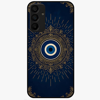 Golden Evil Eye Mandala Glass Case showing flat back view with intricate evil eye mandala artwork and glossy glass finish.