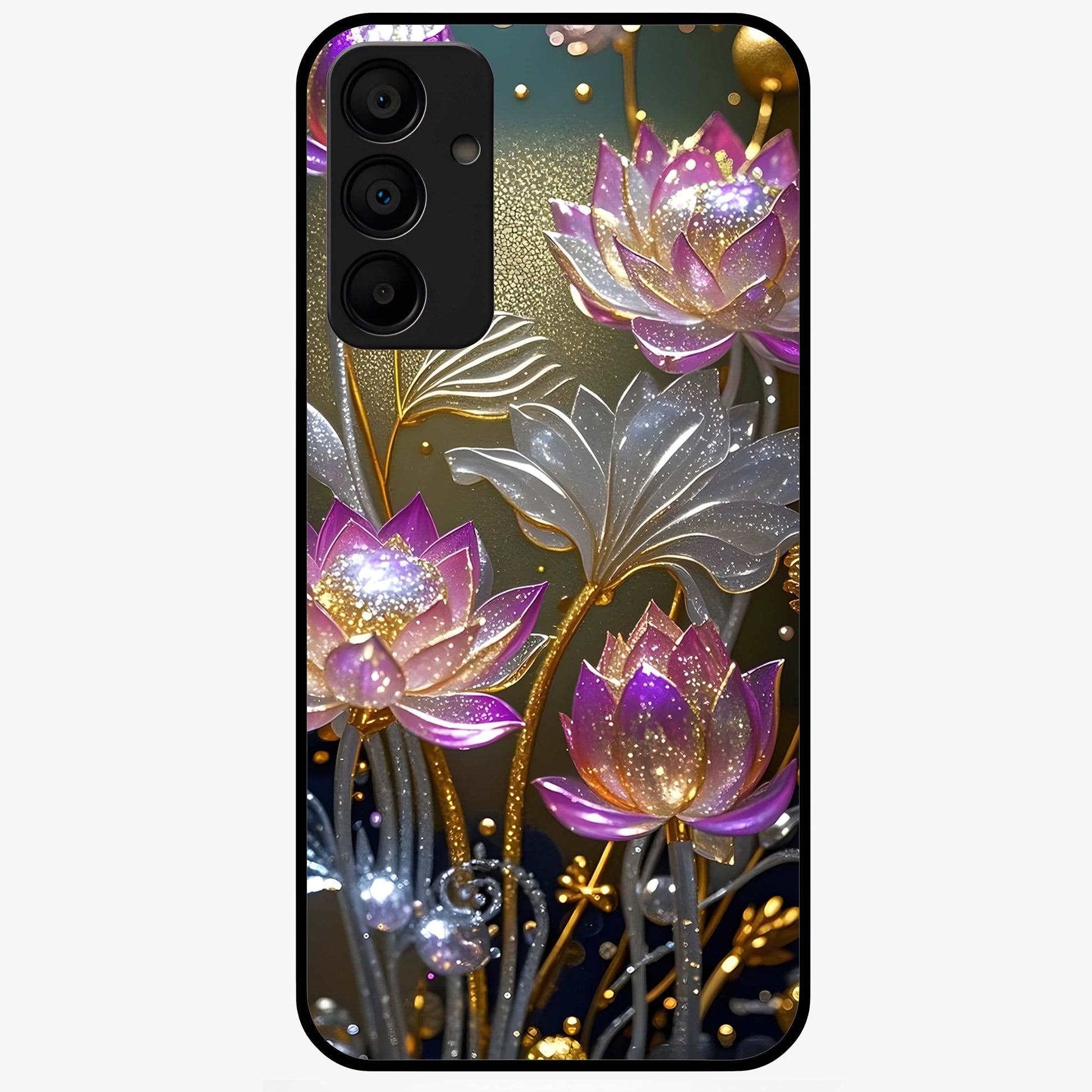 Golden Lotus Glow Glass Case showing flat back view with glowing lotus flower artwork and glossy glass finish.