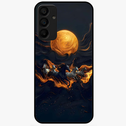Golden Stallion Moonride Glass Case showing flat back view with majestic horse under moonlight artwork and glossy glass finish.
