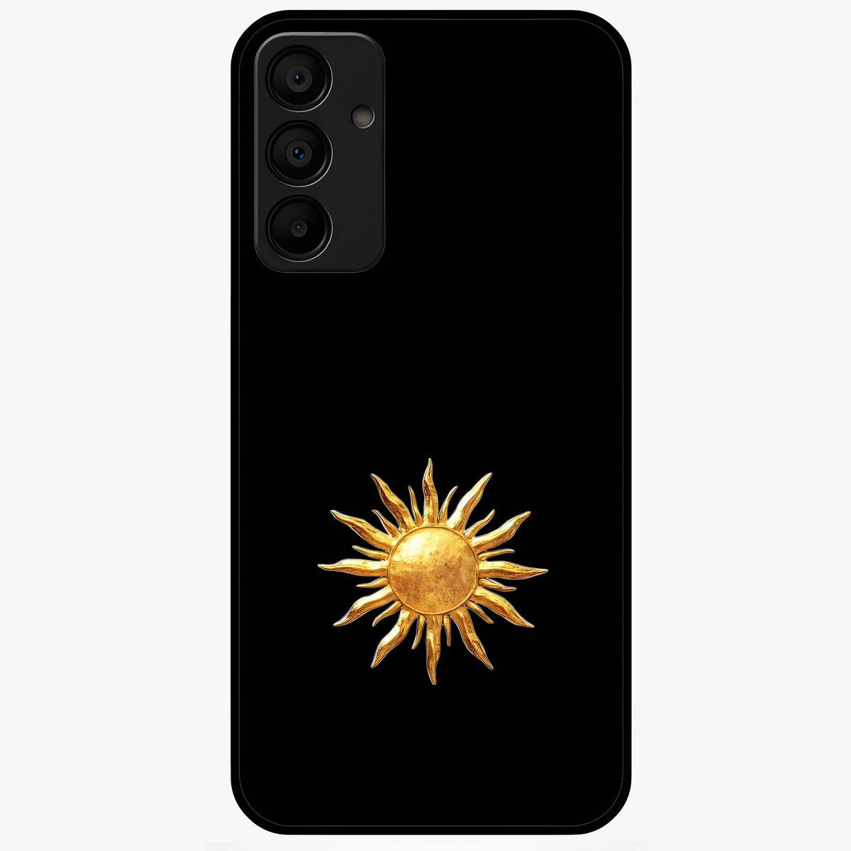 Golden Sun Minimalism Glass Case showing flat back view with minimal golden sun artwork and glossy glass finish.