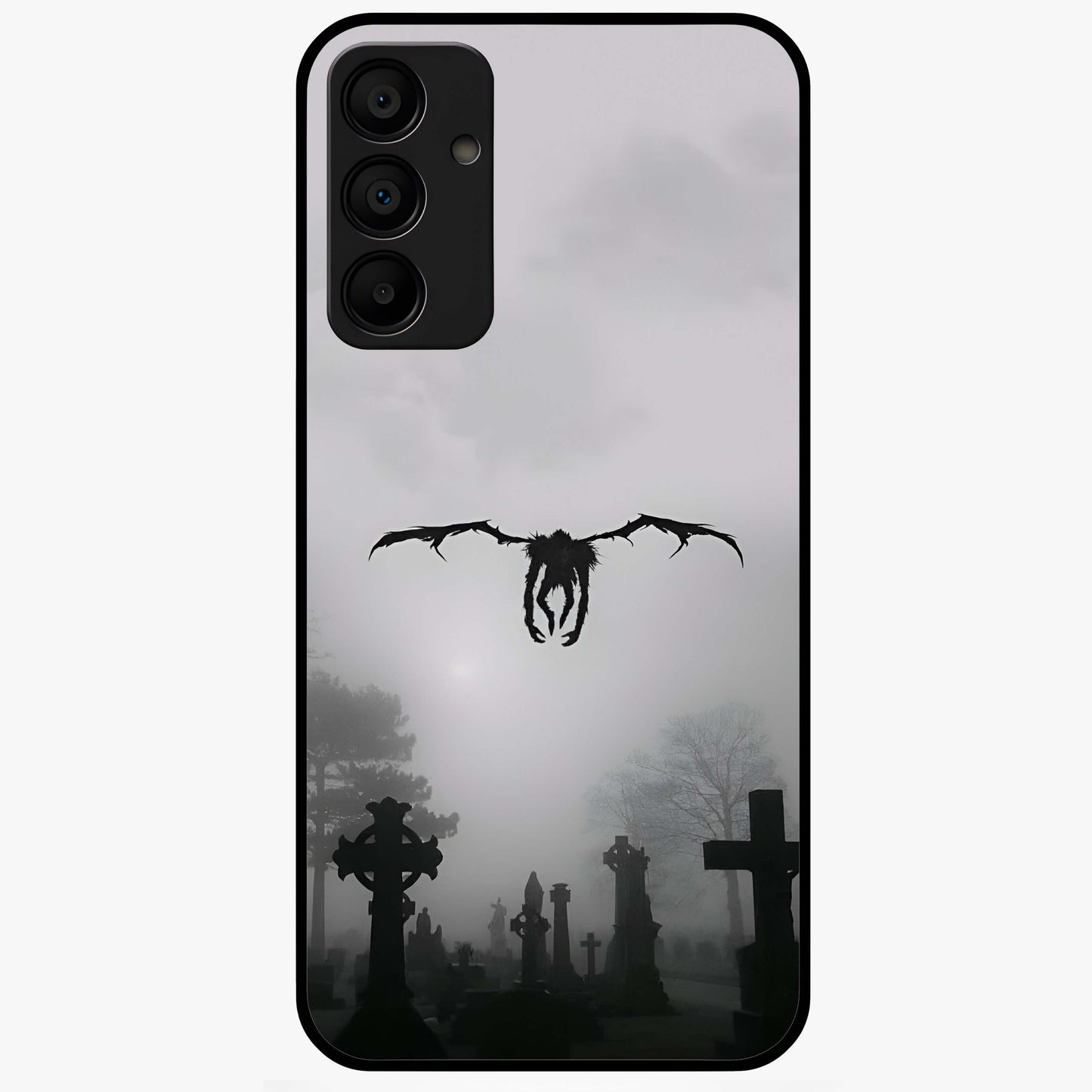 Graveyard Shadow Descent Glass Case showing flat back view with dark graveyard themed artwork and glossy glass finish.