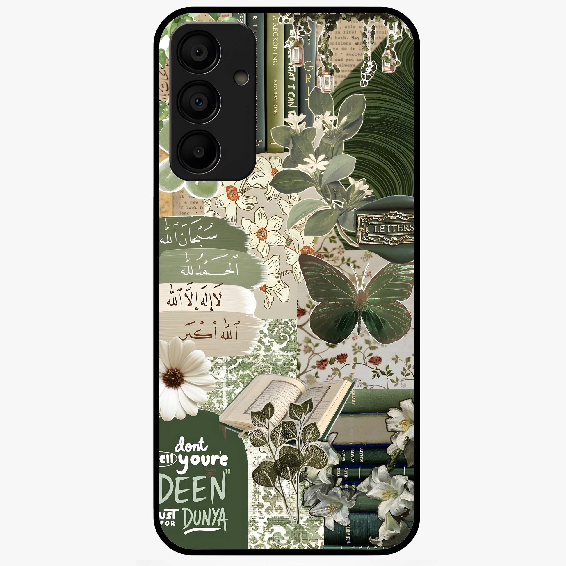 Green Islamic Books Quotes Glass Case showing flat back view with Islamic quotes and book themed artwork and glossy glass finish.