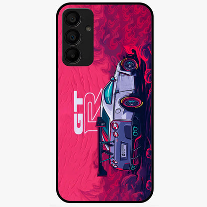 GT-R Car Pattern Glass Case showing flat back view with sporty car inspired pattern artwork and glossy glass finish.