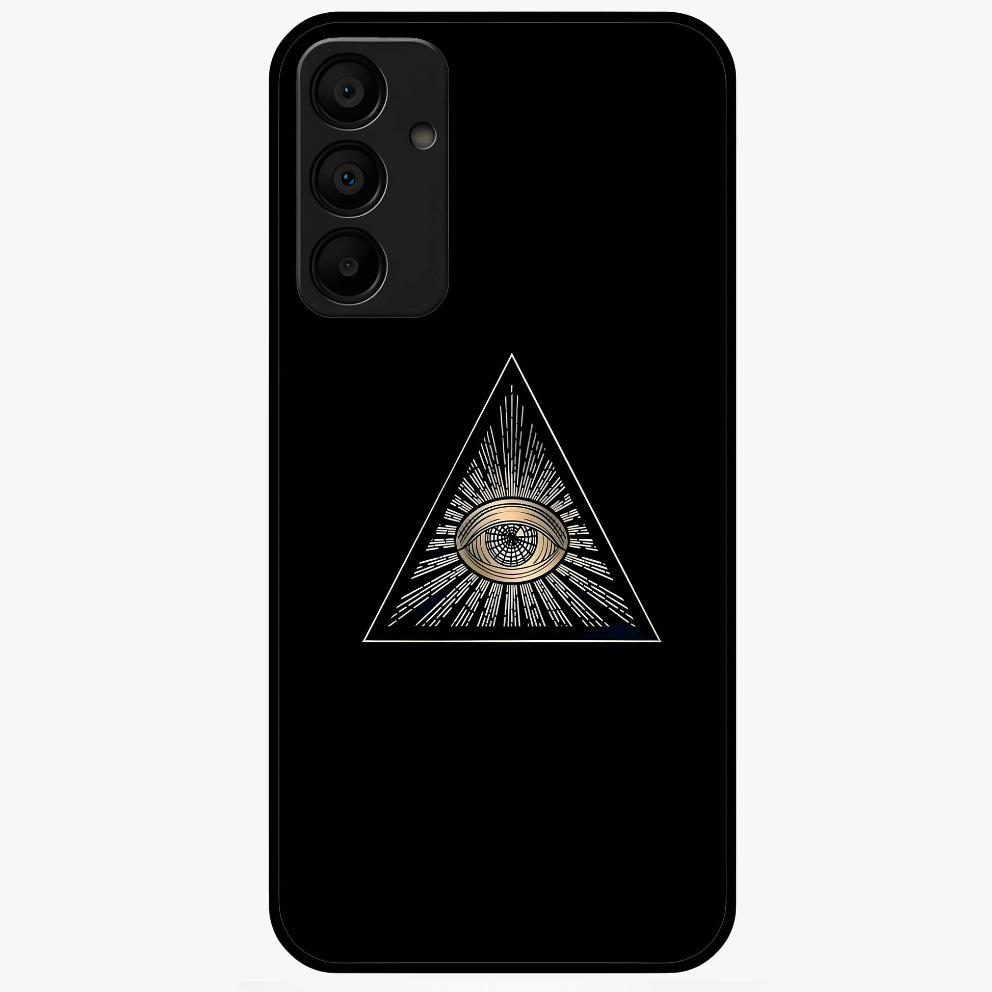 Illuminati Evil Glass Case showing flat back view with mysterious illuminati symbol artwork and glossy glass finish.