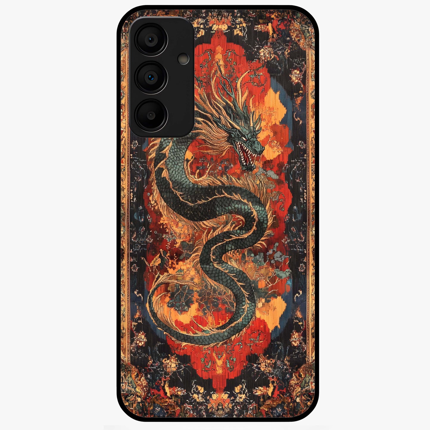 Inferno Dragon Soul Glass Case showing flat back view with fiery dragon artwork and glossy glass finish.
