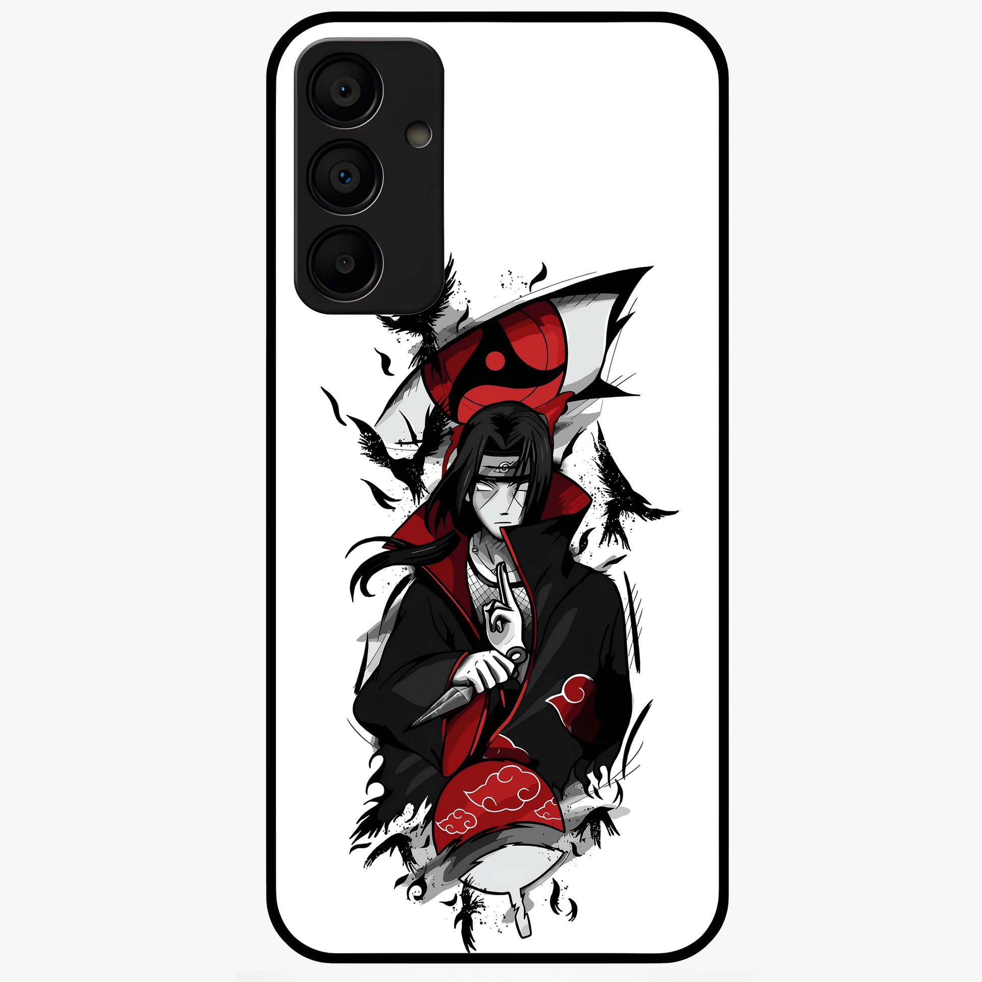 Itachi Sharingan Glass Case showing flat back view with powerful anime eye artwork and glossy glass finish.