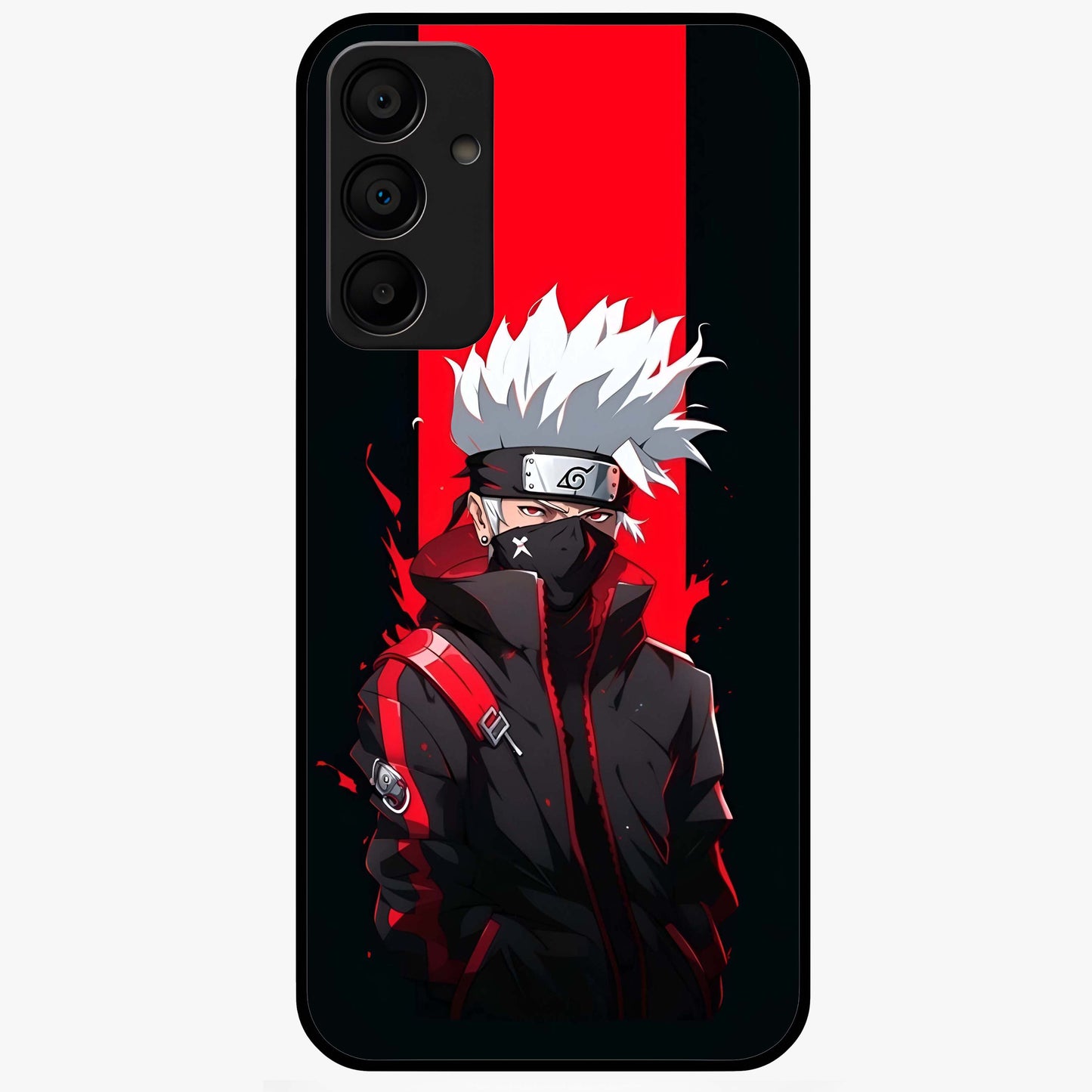 Kakashi Scarlet Shadow Glass Case showing flat back view with powerful anime ninja artwork and glossy glass finish.