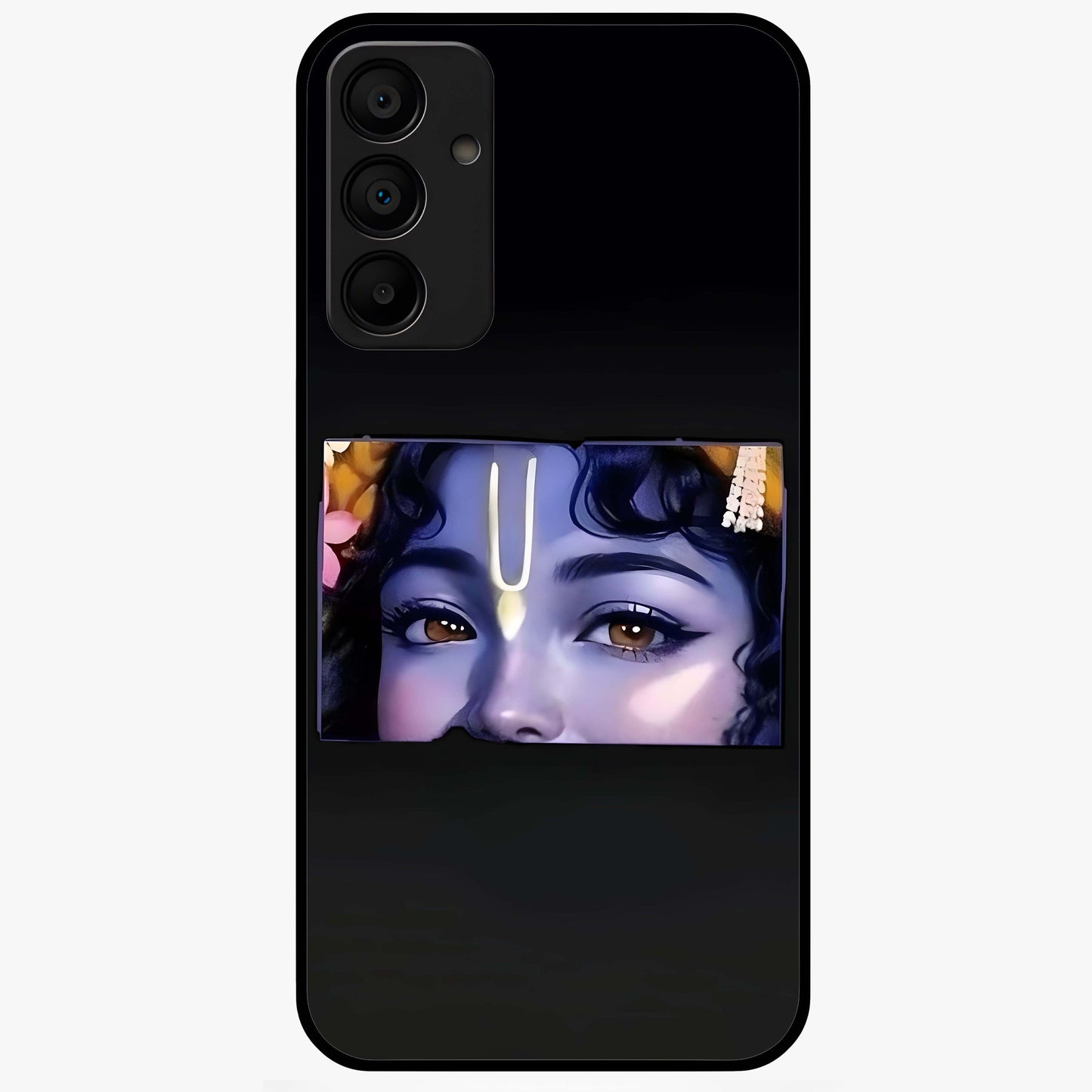 Krishna Divine Embrace Glass Case showing flat back view with Lord Krishna devotional artwork and glossy glass finish.
