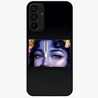 Krishna Divine Embrace Glass Case showing flat back view with Lord Krishna devotional artwork and glossy glass finish.