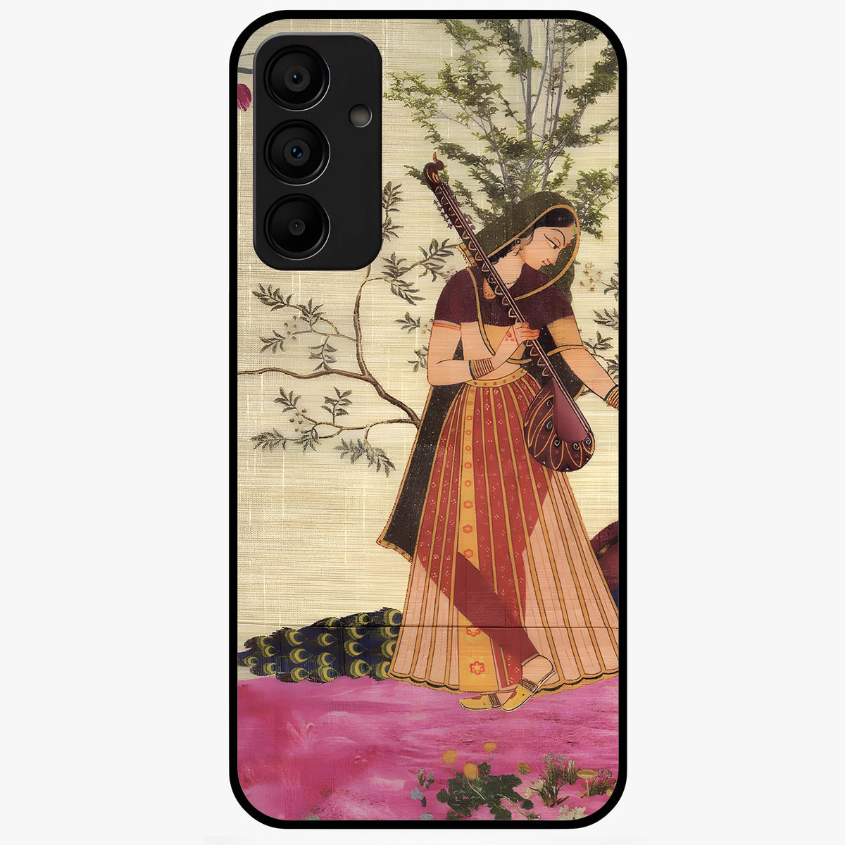 Lady With Veena Art Glass Case showing flat back view with elegant woman playing veena artwork and glossy glass finish.