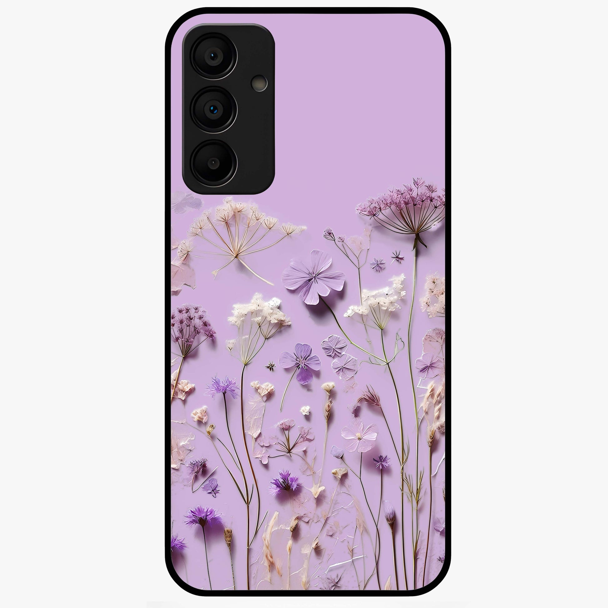 Lavender Blossom Dream Glass Case showing flat back view with soft lavender floral artwork and glossy glass finish.