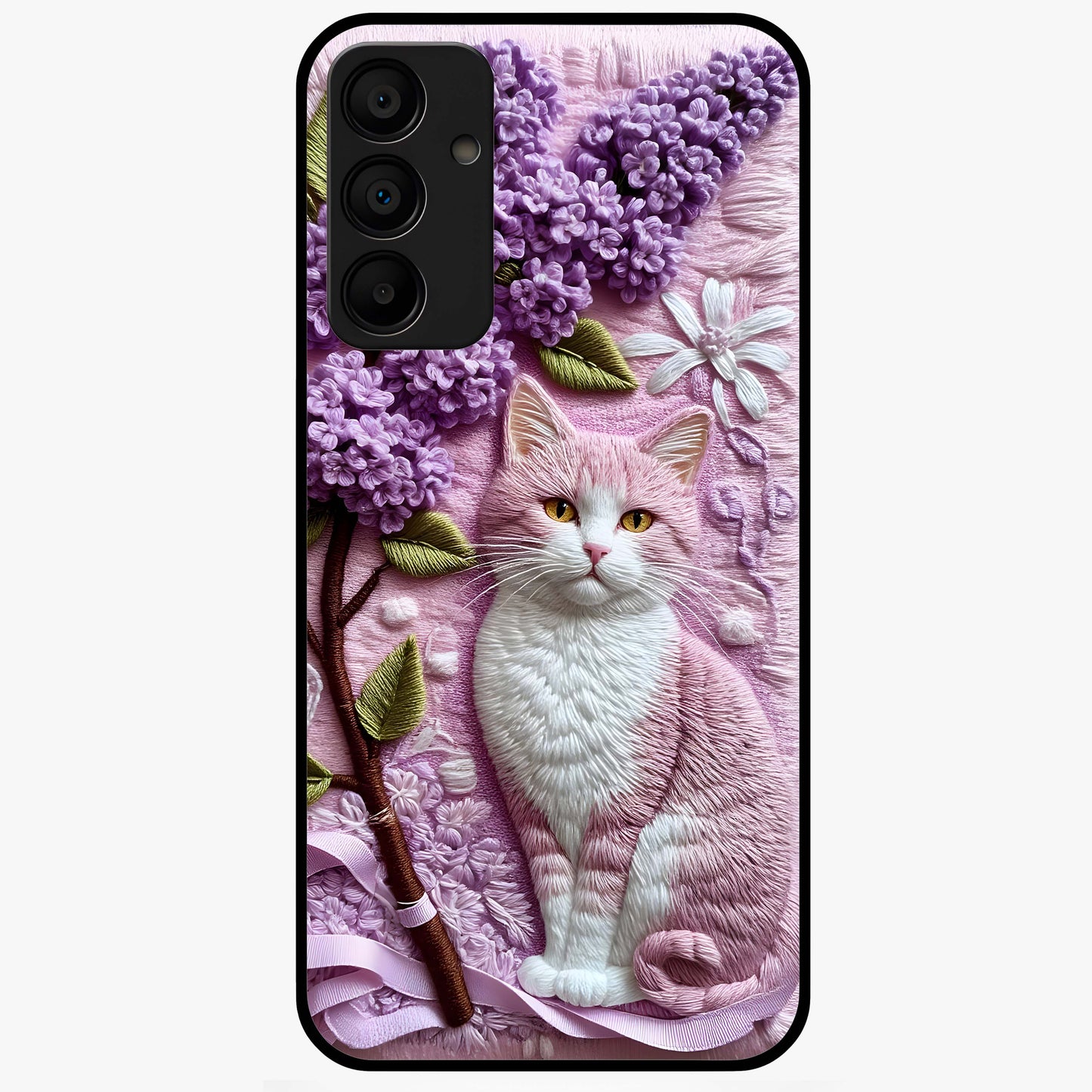 Lavender Cat Whimsy Glass Case showing flat back view with cute lavender cat artwork and glossy glass finish.