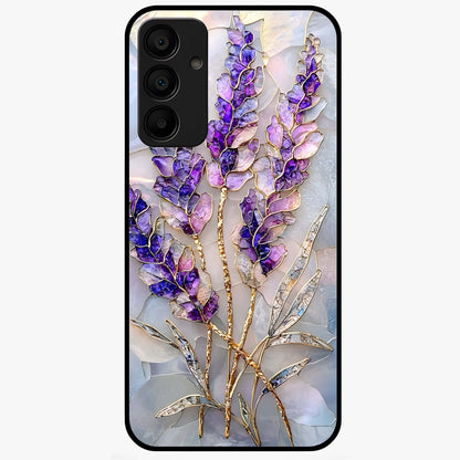 Lavender Dream Glow Glass Case showing flat back view with glowing lavender aesthetic artwork and glossy glass finish.
