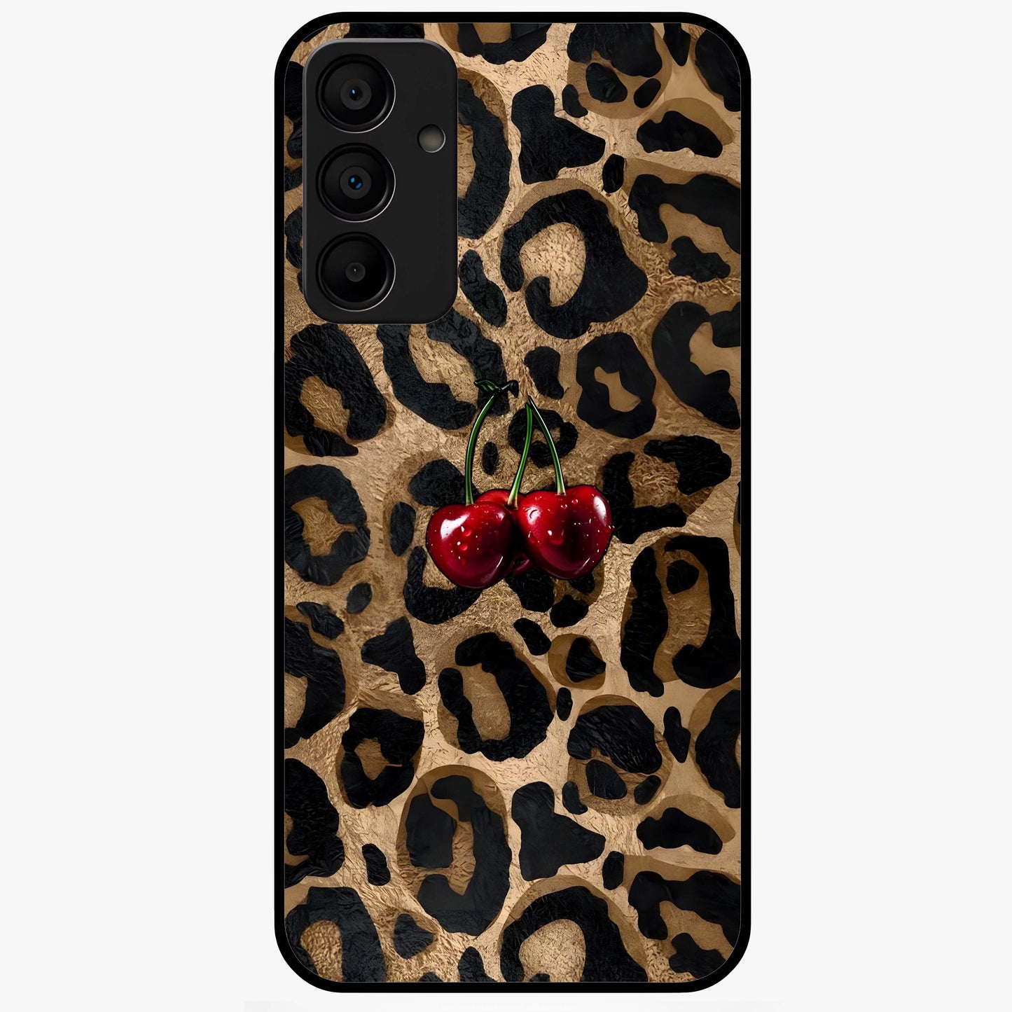 Leopard Wild Cherry Glass Case showing flat back view with leopard pattern and cherry artwork and glossy glass finish.