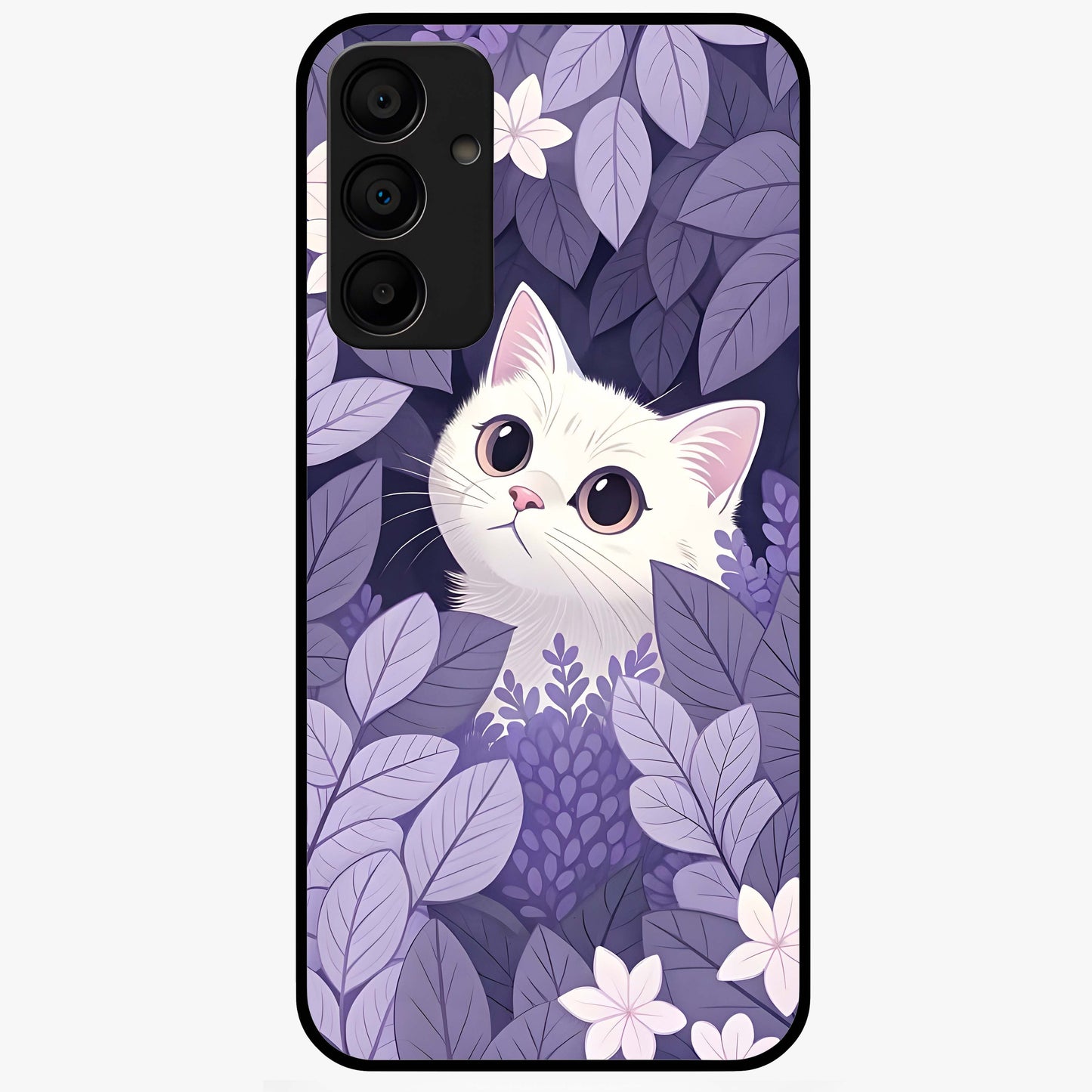 Lilac Hide Peek Cat Glass Case showing flat back view with cute peeking cat artwork and glossy glass finish.