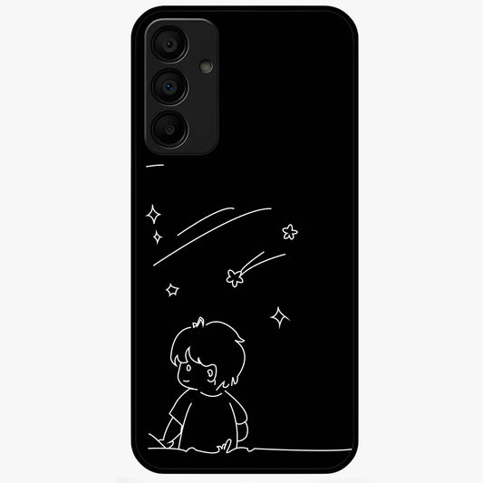 Line Art Boy With Shooting Stars Glass Case showing flat back view with minimal line art boy and shooting stars illustration and glossy glass finish.
