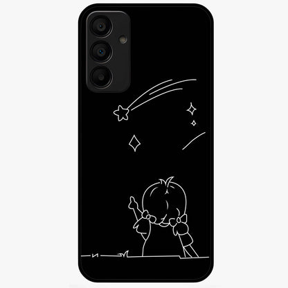 Line Art Girl With Shooting Stars Glass Case showing flat back view with minimal line art girl and shooting stars illustration and glossy glass finish.