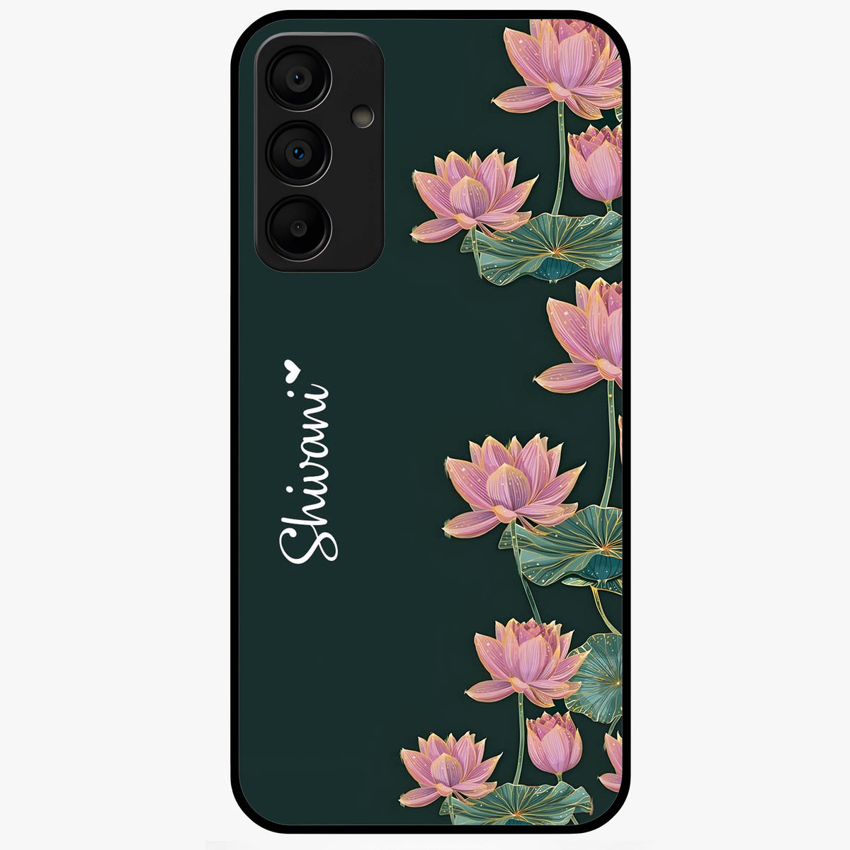 Lotus Bloom Serenity Custom Name Glass Case showing flat back view with elegant lotus flower artwork and personalized name design.