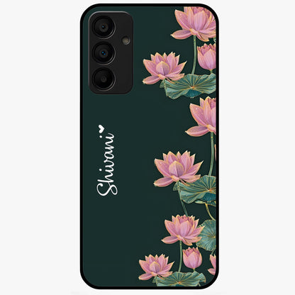 Lotus Bloom Serenity Custom Name Glass Case showing flat back view with elegant lotus flower artwork and personalized name design.