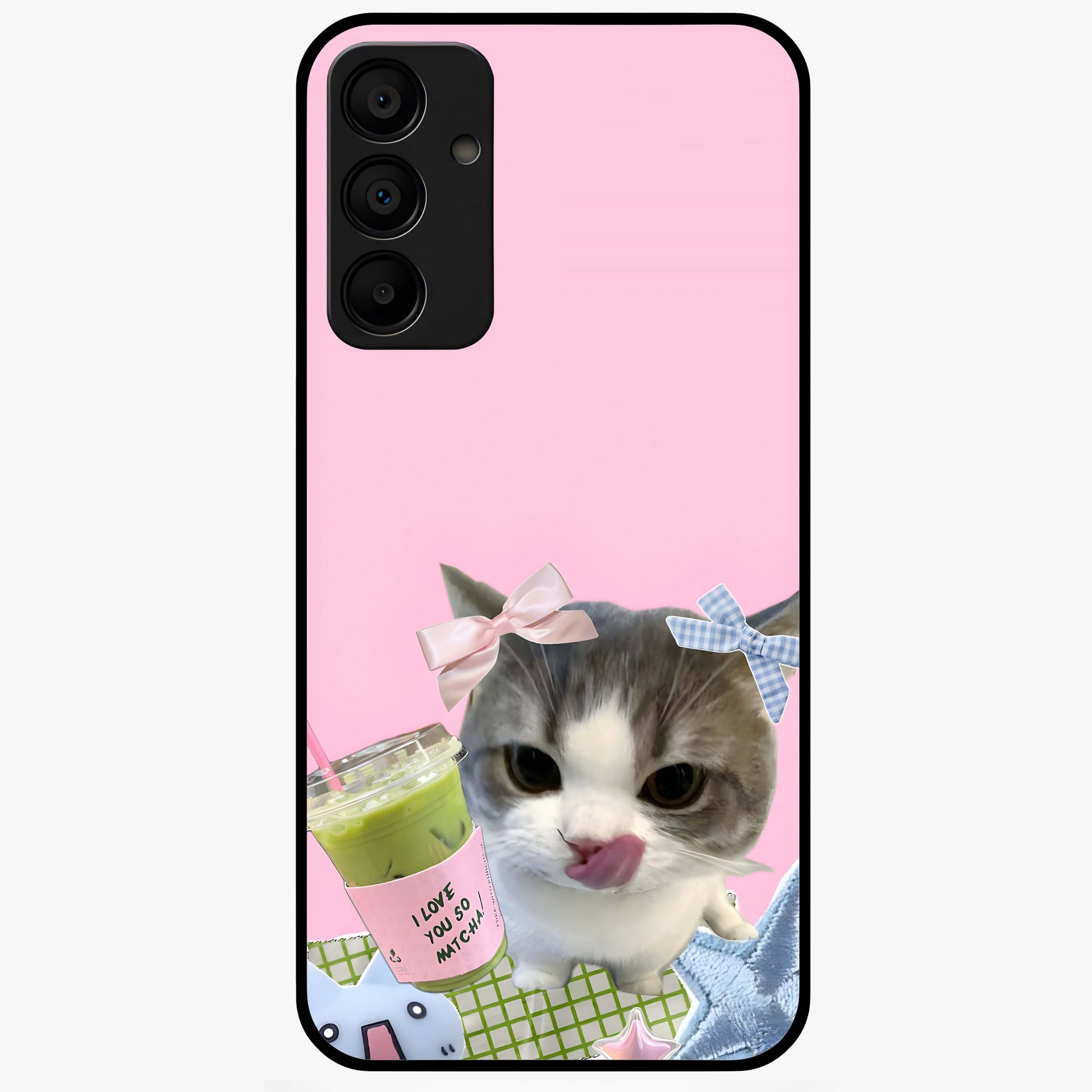 Love Matcha Cat Glass Case showing flat back view with cute cat and matcha themed artwork and glossy glass finish.