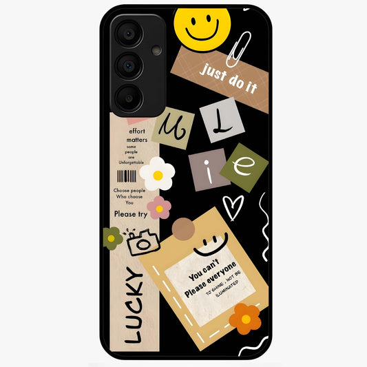 Lucky Aesthetic Collage Glass Case showing flat back view with trendy aesthetic collage artwork and glossy glass finish.