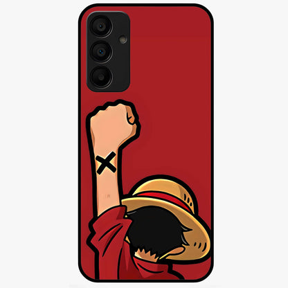 Luffy X Spirit Glass Case showing flat back view with bold anime character artwork and glossy glass finish.