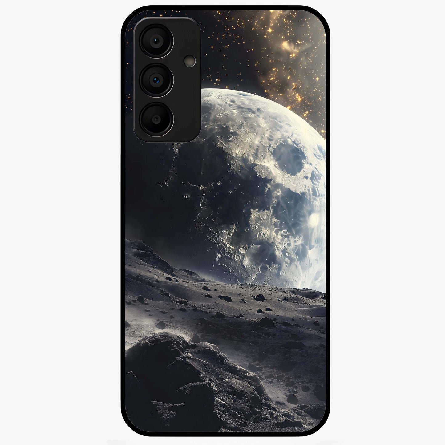 Lunar Horizon Glow Glass Case showing flat back view with glowing moon horizon artwork and glossy glass finish.