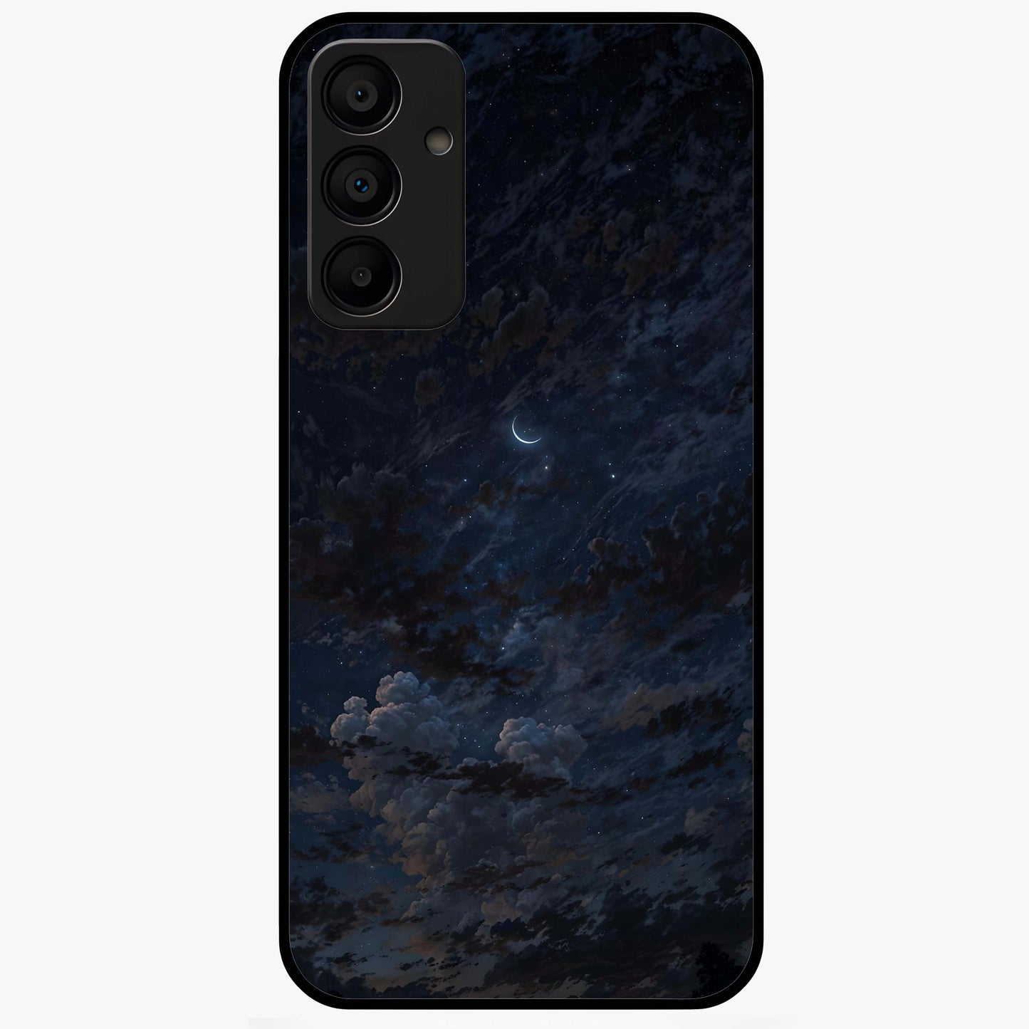 Lunar Veil Silence Glass Case showing flat back view with mystical moon veil artwork and glossy glass finish.