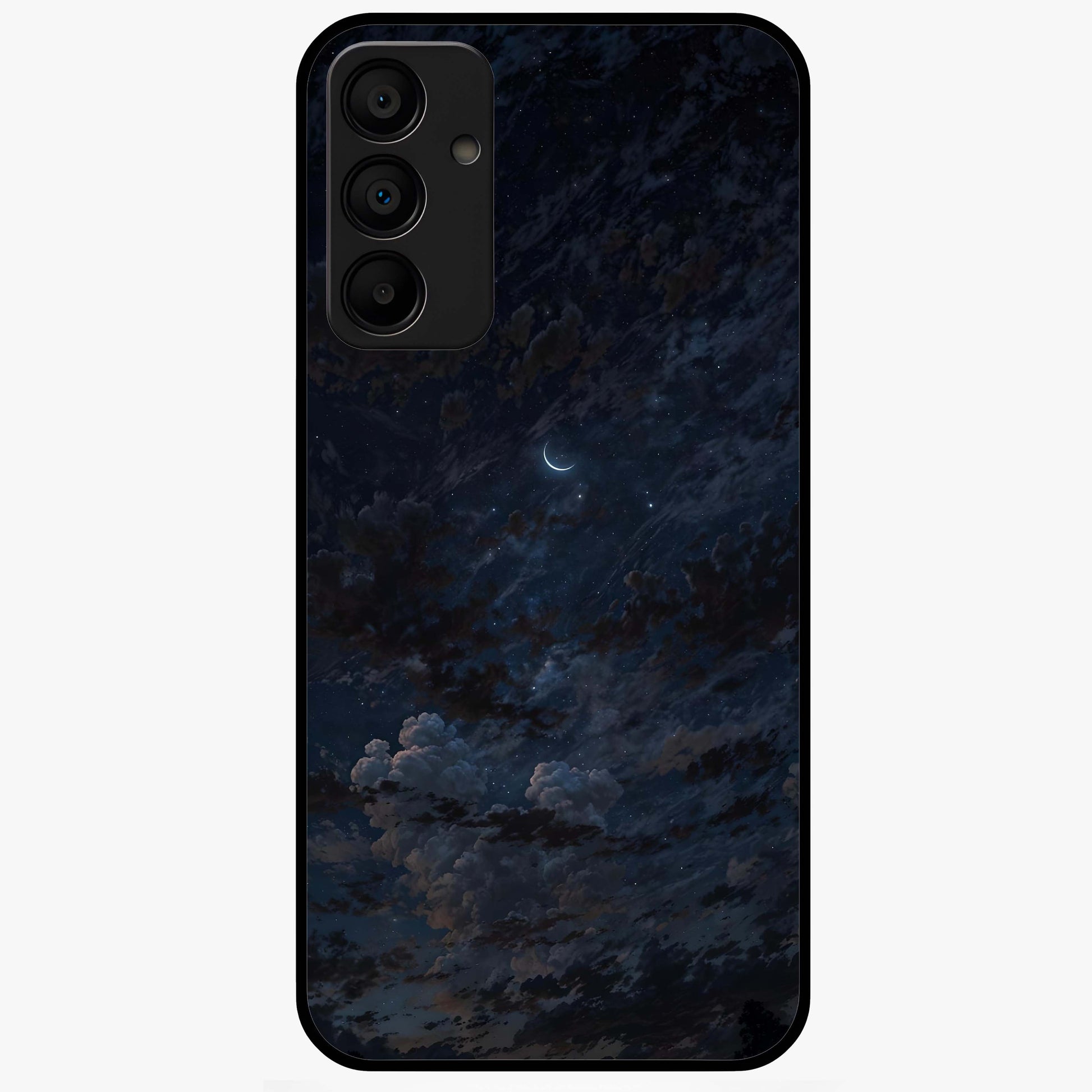 Lunar Veil Silence Glass Case showing flat back view with mystical moon veil artwork and glossy glass finish.