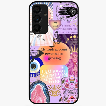 Manifestation Collage Glass Case showing flat back view with motivational collage artwork and glossy glass finish.