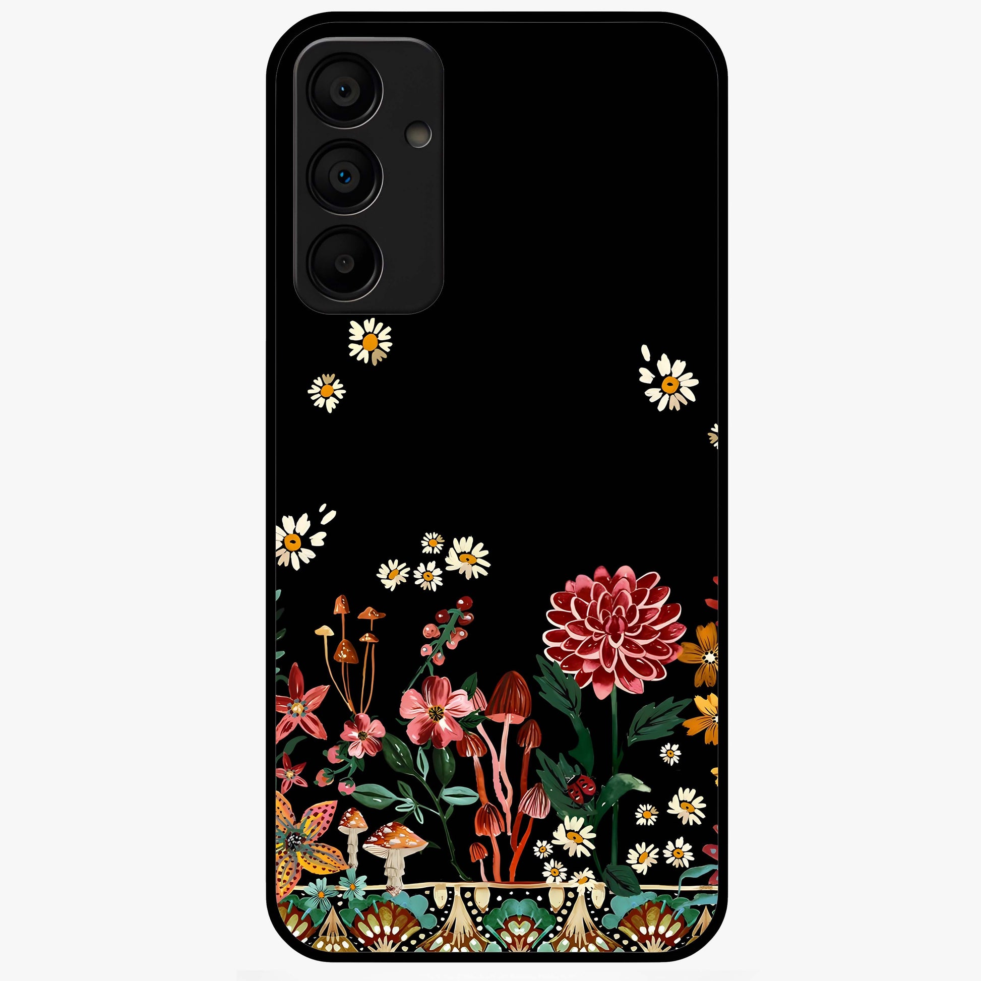 Midnight Bloom Pattern Glass Case showing flat back view with dark floral pattern artwork and glossy glass finish.