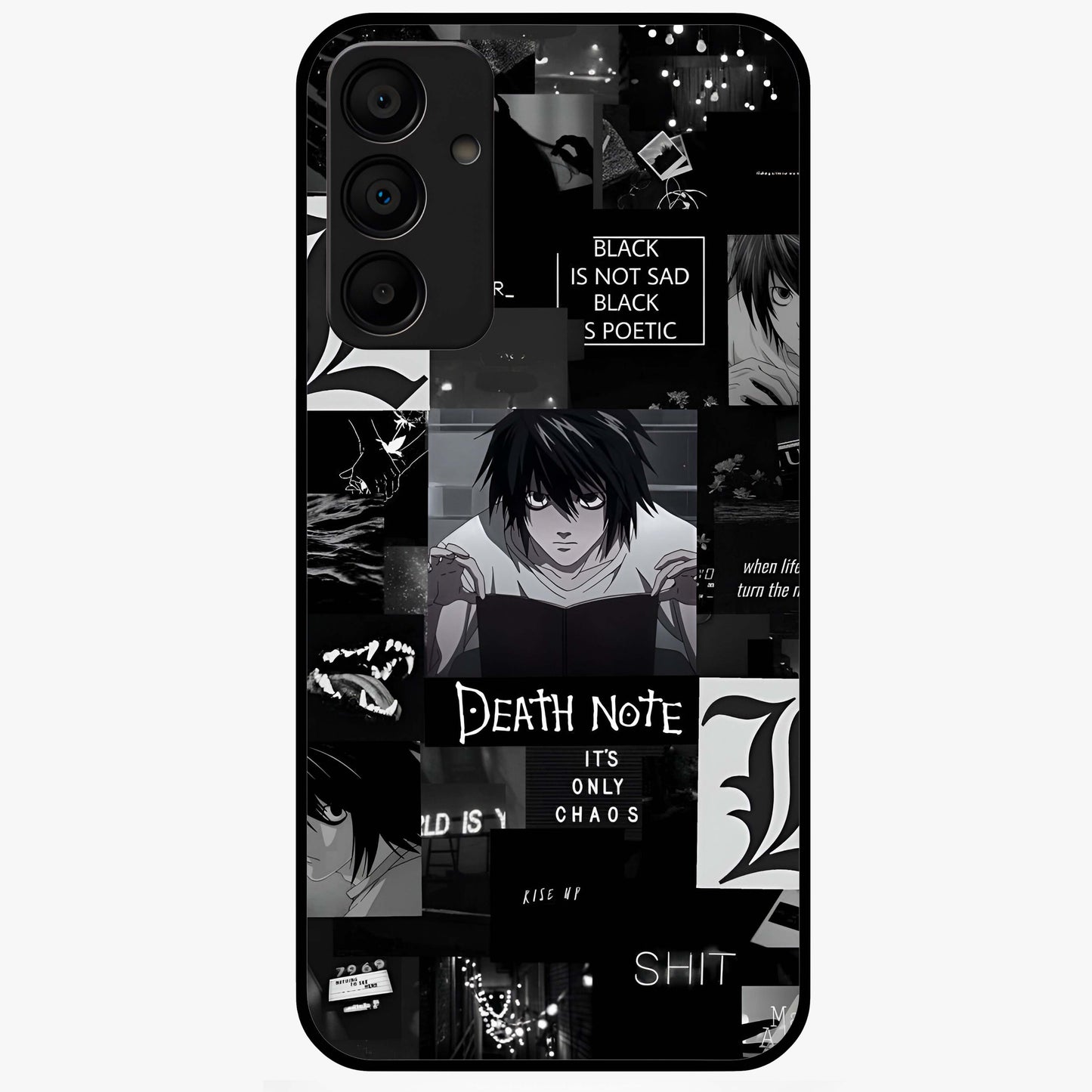 Midnight Chaos Mind Glass Case showing flat back view with abstract dark themed artwork and glossy glass finish.