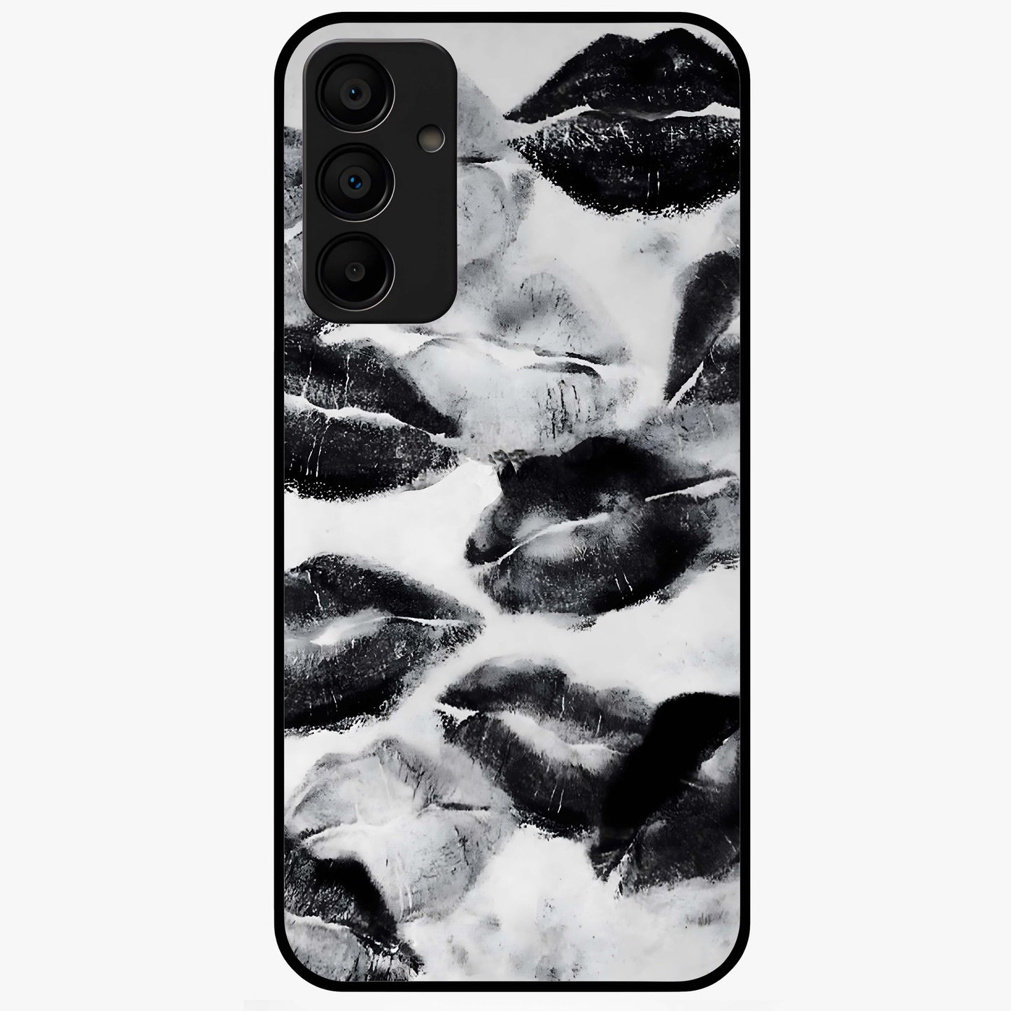 Midnight Kiss Marks Glass Case showing flat back view with lipstick kiss mark artwork and glossy glass finish.