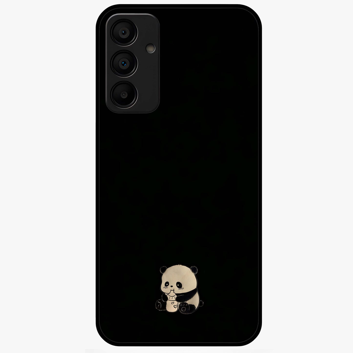 Midnight Panda Love Glass Case showing flat back view with cute panda themed artwork and glossy glass finish.