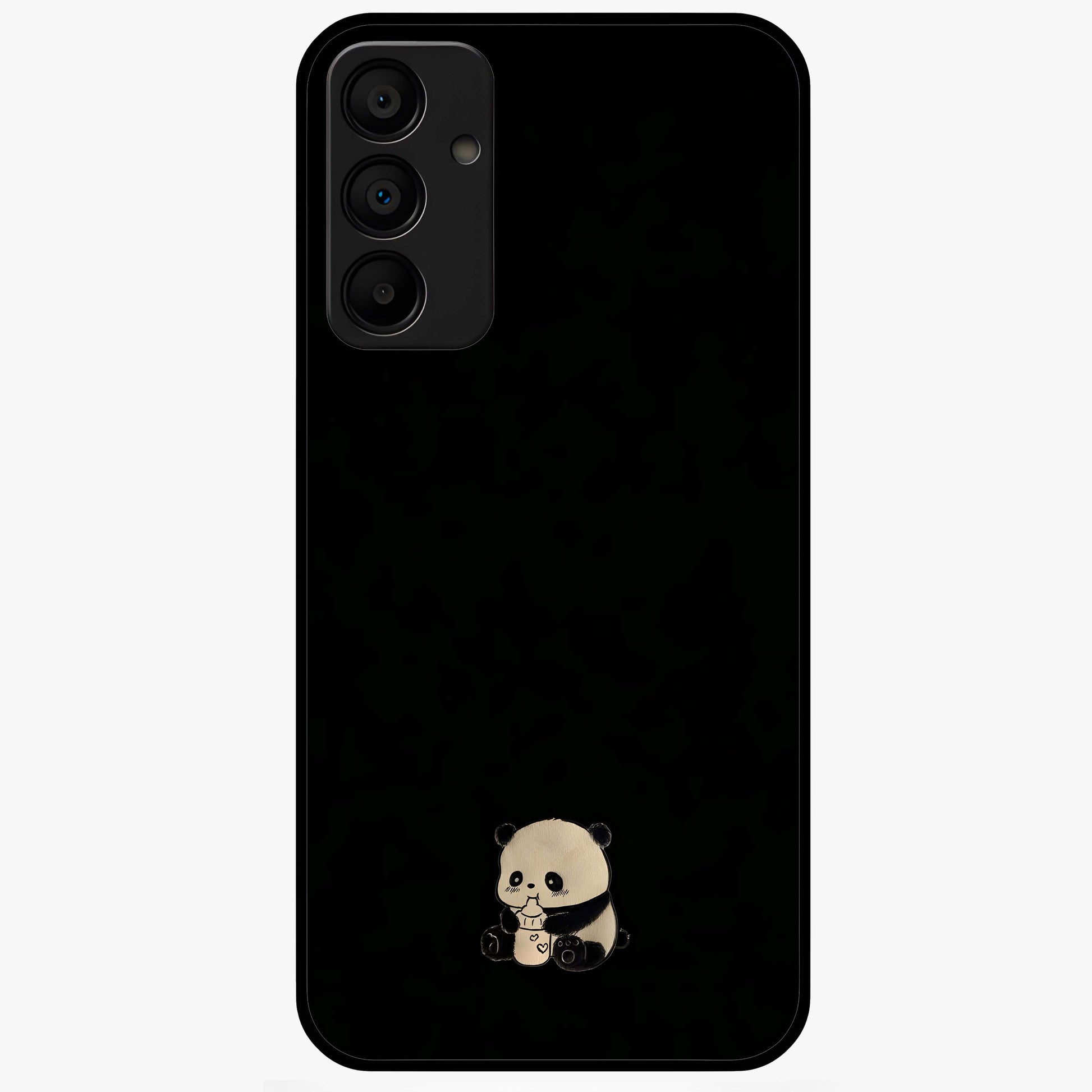 Midnight Panda Love Glass Case showing flat back view with cute panda themed artwork and glossy glass finish.