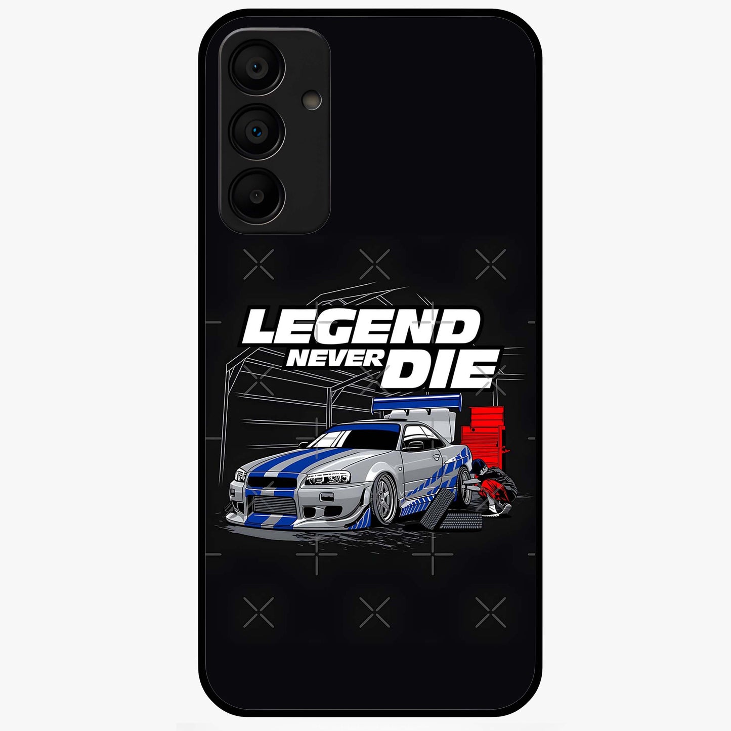 Midnight Racing Legacy Glass Case showing flat back view with sleek racing inspired artwork and glossy glass finish.