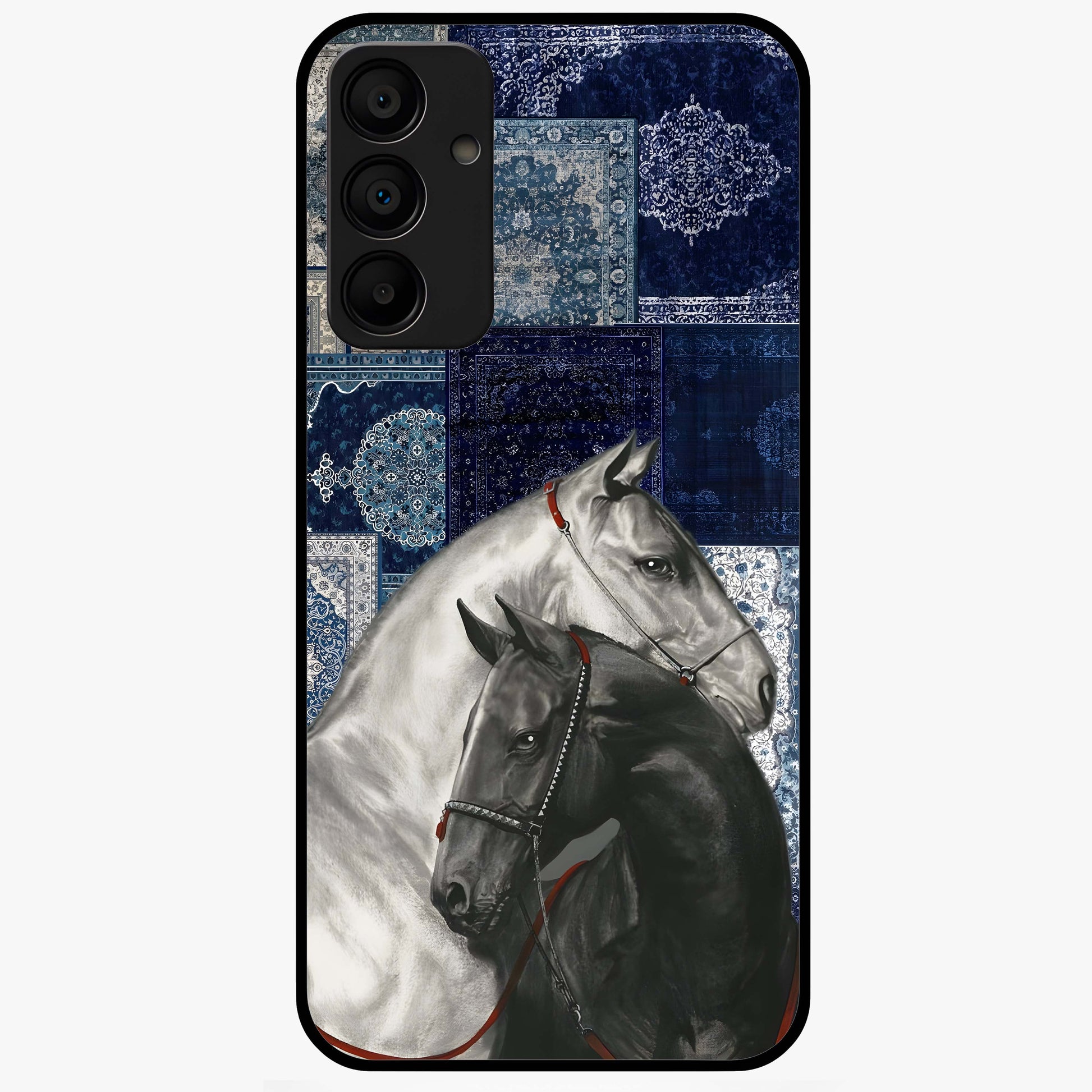 Midnight Stallion Blues Glass Case showing flat back view with majestic horse artwork and glossy glass finish.